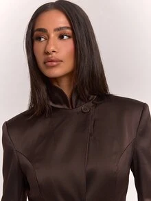 SHEIN BAE Women's Autumn/Winter Loose Casual Commute Dark Gray Striped Blazer Long Sleeve Jacket, Daily Commute Outfit, Social Event Outfit - Rust Brown - View 3