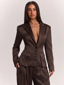 SHEIN BAE Women's Autumn/Winter Loose Casual Commute Dark Gray Striped Blazer Long Sleeve Jacket, Daily Commute Outfit, Social Event Outfit - Rust Brown - View 7