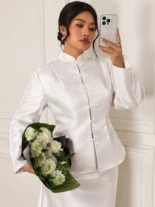 EastFlair Plus Size Women's Elegant Blazer Jacket With Frog Button Placket And Long Sleeves - White - View 3