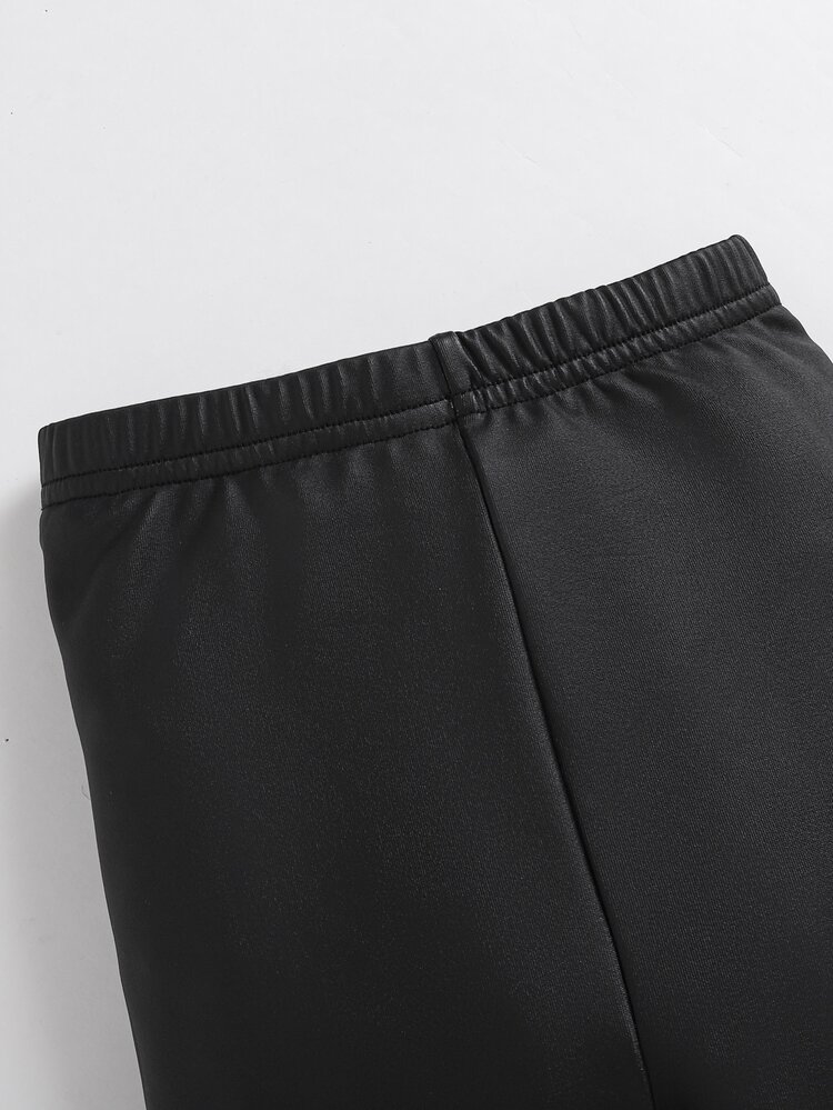 Cozy Pixies Baby Girl High Elastic PU Leather Solid Color Fitted Casual Bottoms,Halloween ,Black Autumn Pants - Black - View 4