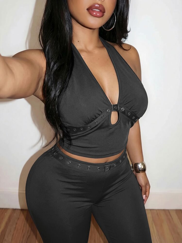 Slaydiva New Spring/Summer Women's Plus Size Two Pieces Set Sexy Halter Neck Top With Eyelet Webbing Flared Pants Pantsuit Suspender Top Set Solid Black - Dark Grey - View 5