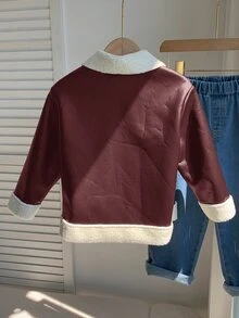 SHEIN 兒童小男孩加厚夾棉外套 冬季PU外套 抓絨加厚 秋冬衣款 拼接黑色皮革機車夾克 - 酒紅色 - 查看 2