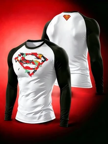 Manfinity SUPERMAN X SHEIN Men's Geometric Print Colorblock Raglan Long Sleeve Sports T-Shirt - Multicolor - View 1