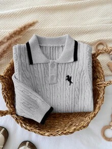 LMoss Kids Baby Boy Knitted Colorblock Collared Half-Button Casual Autumn Sweater Romper - Multicolor - View 4
