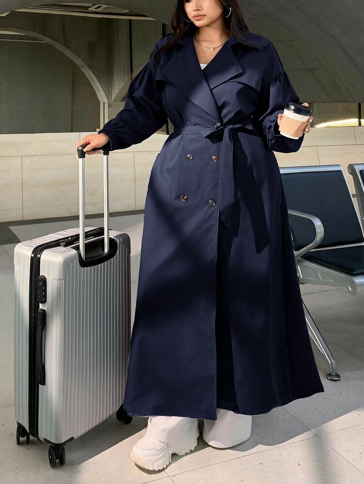 Muchica Plus Size Casual Khaki Long Trench Coat, Autumn/Winter Airport Fashion - Navy Blue - View 1