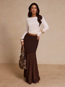 Glamine Women's French Style Ribbed Chiffon Pleated Knit Skirt - Coffee Brown - View 4
