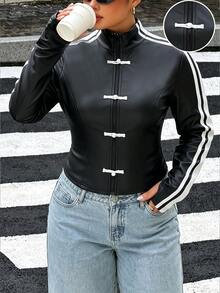 Muchica Plus Size Women's Colorblock Casual Versatile Long Sleeve Jacket - Black - View 1