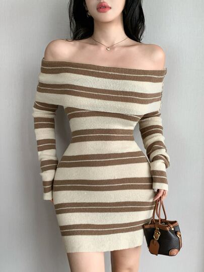 DAZY Women's Off-Shoulder Striped Casual Daily Knit Dress