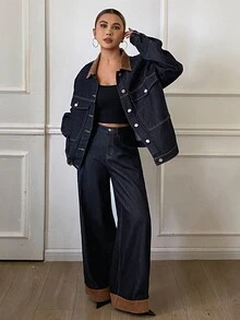 DAZY Women's Loose Jacket And Long Pants Casual Denim Set - Dark Wash - View 3