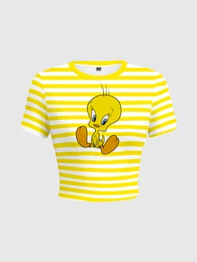 LOONEY TUNES X SHEIN 女款條紋卡通印花圓領短袖修身T恤 - 白色 - 查看 1