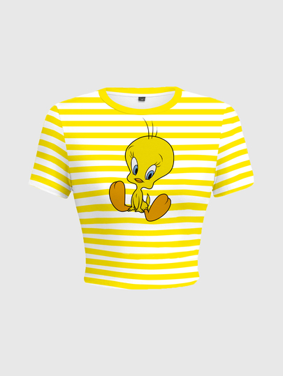 LOONEY TUNES X SHEIN Damen gestreiftes Cartoon-Muster Rundhals Kurzarm figurbetontes T-Shirt