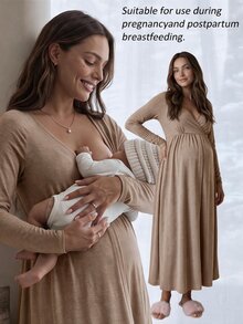 Slowluna Gaun Menyusui Hamil dengan Desain Lipit, Gaya Minimalis untuk Wanita Hamil dan Pasca Melahirkan - Coklat - View 1