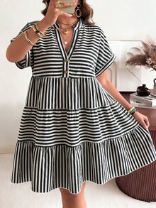 Ceyna 大尺碼 V 領 Polo 袖休閒波希米亞風水洗紗布皺褶洋裝 白色夏季度假早午餐海灘正式商務風 - 黑色 - 查看 6