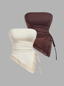 SHEIN MOD 2pcs Women's Solid Color Ruched Side Drawstring Lace Hem Tube Top - Brown - View 8