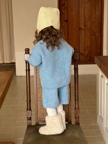 DAZY Baby Girl Bow Decor Long Sleeve Cable Knit Sweater And Knitted Shorts Casual Set - Blue - View 2