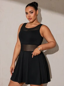 SHEIN Velisys Plus Size Athletic One-Piece Dress With Mesh Patchwork, Removable Padded Cups, Sexy Mesh Racerback, Wavy Hemline, Built-In Leggings, Yoga Tennis Style - Black - View 4