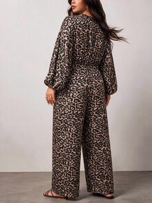 Truni Plus-Size Women's Retro Leopard Print Waist-Cinching Long-Sleeved JumpsuitPear Body,Triangle Body - Multicolor - View 2