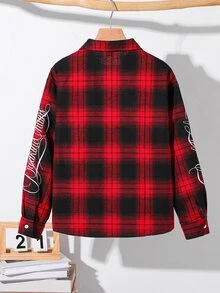 SHEIN 兒童青少年男孩休閒款柔軟舒適聖誕紅色格紋翻領襯衫，基礎上衣，適合秋冬、聖誕節、萬聖節、學校、家庭聚會、度假、派對，秋季穿搭，冬季穿搭 - 彩色 - 查看 6