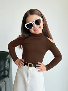 Firerie Kids Firerie Kids 少女純色立領鏤空肩休閒T恤，聖誕節，青少年女孩修身復古羊腿袖假領T恤，運動風，適合休閒、日常穿著、秋冬校園日常，酷街頭風，日常穿著，校園日常，Y2K女孩，休閒可愛，姐妹裝，母女裝 - 棕色 - 查看 1