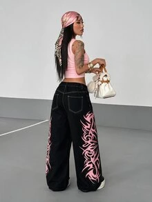 StreetHx Plus Size Letter Print Hip Hop Button Loose Fit Denim Jeans - Black - View 3