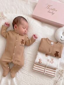 Newborn Long Sleeve Footed Romper, Khaki Soft Ribbed Bear Embroidery Baby Jumpsuit, Round Neck Front Button Closure Footed Baby - Multicolor - View 3