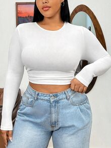 Solflare White Plus Size Women's Cropped Fitted Long Sleeve T-Shirt, Autumn/Winter - White - View 1