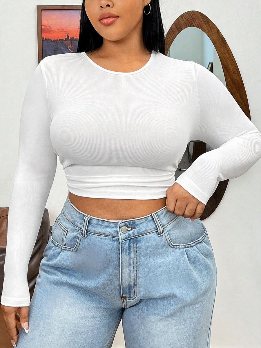 Solflare White Plus Size Women's Cropped Fitted Long Sleeve T-Shirt, Autumn/Winter - White - View 1