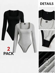 SHEIN BASICS Women's Casual Minimalist Long Sleeve Bodysuit 2pcs Set - Multicolor - View 5