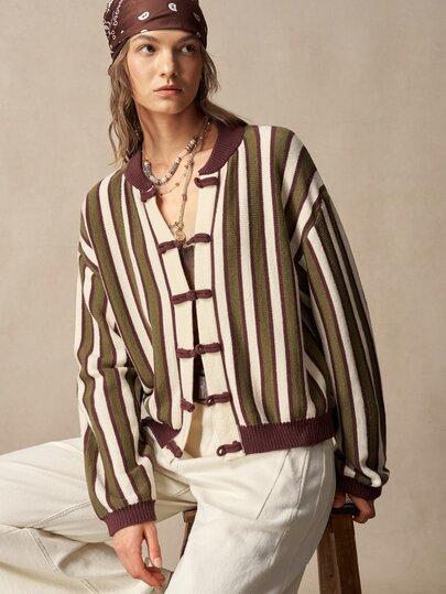 Bohemela Fall/Winter, Women's Green Embroidered Striped Casual Vintage Vacation Knit Versatile Daily Long Sleeve Cardigan, Frog Toggle Button New Chinese Style