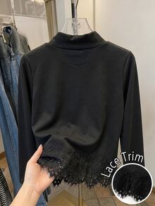SHEIN 女童純色針織半高領長袖T恤，拼接睫毛蕾絲下擺套頭休閒仙女牛仔風上衣，秋季黑色 - 黑色 - 查看 2