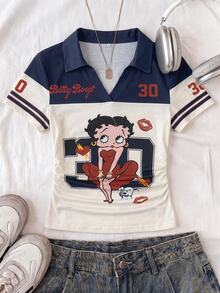 Attitoon Betty Boop x SHEIN Women's Cartoon Pattern Casual Daily Short Sleeve T-Shirt - Multicolor - View 2