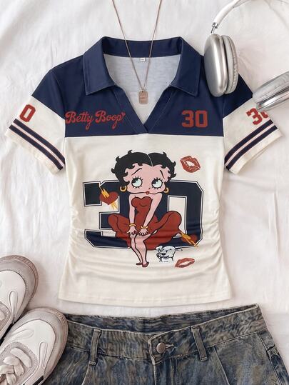 Attitoon Betty Boop x SHEIN Camiseta Feminina Casual de Manga Curta com Estampa de Desenho Animado para Uso Diário