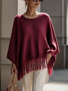 SHEIN 女款素色流蘇設計休閒日常穿著針織披肩 - 酒紅色 - 查看 6