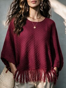 SHEIN 女款素色流蘇設計休閒日常穿著針織披肩 - 酒紅色 - 查看 5