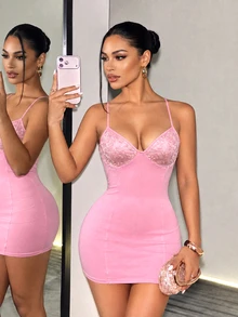 BamGleam Women's Sequin Patchwork Backless Lace-Up Sexy Fitted Party Spaghetti Strap Mini Dress - Pink - View 4
