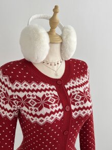 Elamini Women's Casual Versatile Christmas Jacquard Knit Cardigan Sweater For Daily Wear, Autumn/Winter - Red - View 6