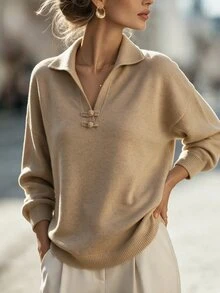 Velvienne Plus Size Vintage Frog Button Long Sleeve Pullover Sweater - Apricot - View 3
