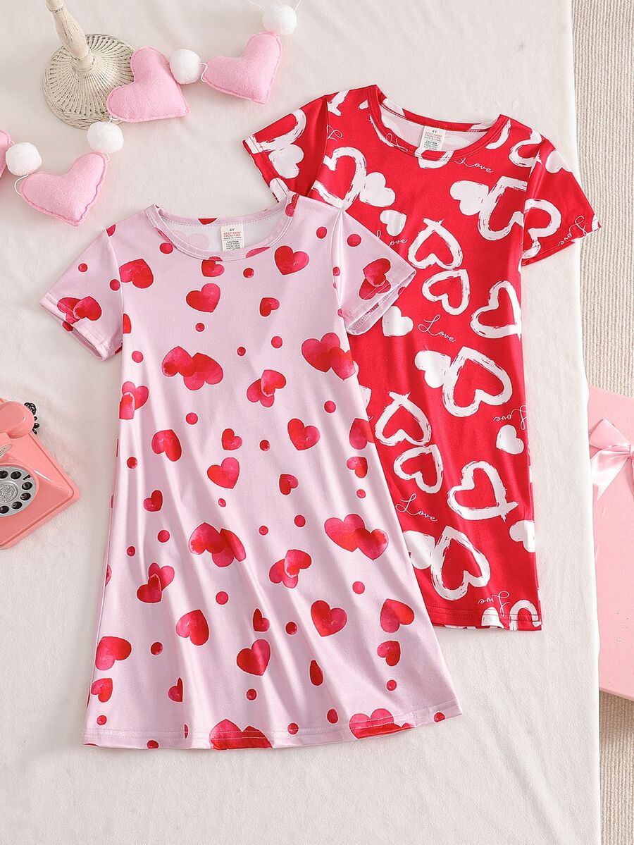 Autumn/Winter Red Short Sleeve Nightgown For Girls, Sweet Heart Element, Holiday Style, Suitable For Home And Outdoor Wear - Red - View 1