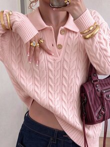 Autumina Áo len nữ cổ polo dệt vặn thừng vai trễ tay dài phong cách thường ngày - Hồng - Xem 5