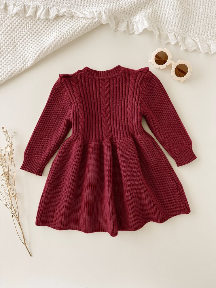 Cozy Pixies Baby Girl Solid Color Round Neck Ruffle Hem Long Sleeve Waist Fitted Knit Sweater Dress,In Fall/Winter - Burgundy - View 2