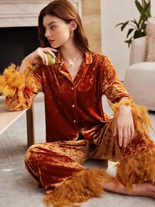 Moireta طقم بيجامة نسائي أنيق بتصميم رقعات وريش على الأكمام، ملابس علوية بأزرار أمامية وأكمام طويلة مع بنطال - البرتقالي مرهق - مشاهدة 8