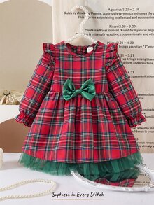 Cozy Pixies Baby Girl Woven Plaid Round Neck 3D Bow Ruffle Trim Mesh Patchwork Casual Dress - Multicolor - View 8