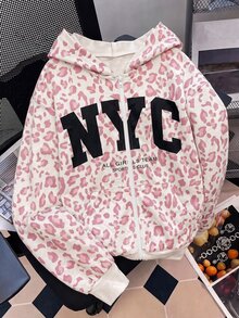 SHEIN Tween女孩針織豹紋圖案連帽開襟運動衫 - 粉色 - 查看 6