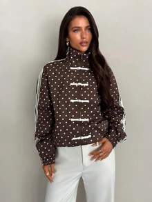 Aloruh Women's French Stripe & Polka Dot High Neck Zip-Up Jacket,Autumn,Winter - Brown - View 8