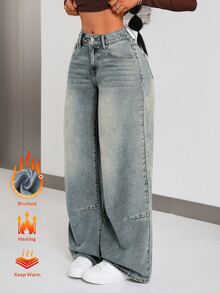 Flexra 女款寬腿鬆垮休閒牛仔褲，附口袋 - 藍色 - 查看 1