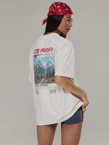 Musera Sport Graphic Logo Printed Back Oversized Crewneck Shortsleeve Tee Active Outdoors Workout Gym Terra Peak - White - View 1