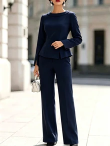 SHEIN Women's Professional 2 Pieces Set, Elegant Top Paired With Slim Fit Suit Pants, Solid Color Minimalist Design, Sophisticated Formal Style, Suitable For Office Commute, Business Meetings, Formal Occasions - Blue - View 7