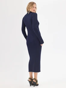KÆRIA Hus Long Sleeve Ribbed Turtleneck Maxi Knit Dress - Premium Viscose - Navy Tipped - Bodycon, Minimalist - Navy Blue - View 3