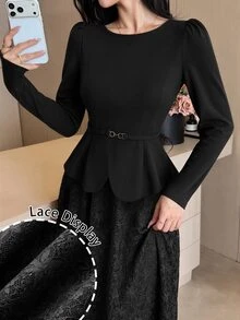 Modelyn 春秋優雅時尚通勤溫柔風 收腰顯瘦蕾絲喇叭裙 遮肉女款兩件套 - 黑色 - 查看 5