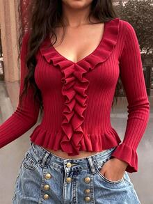 INAWLY Romantic Versatile Date Holiday Travel INS Style Knit Cardigan With Ruffle Pleated Hem - Burgundy - View 3